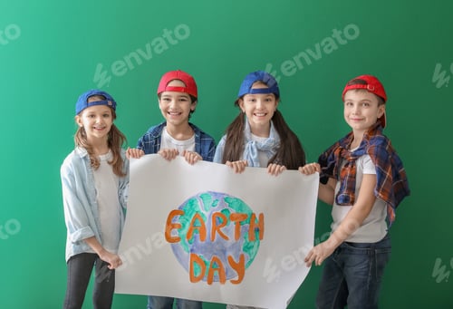 Preview: Little Children With Drawing On Color Background. Earth Day Celebration