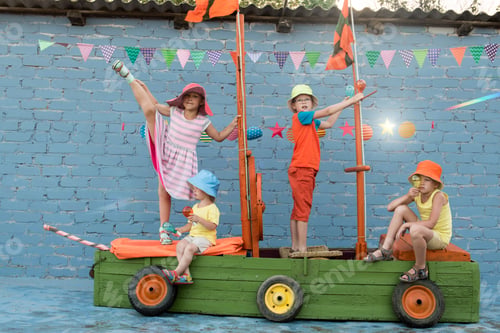 Preview: Three Happy Children Boys And Funny Girl Are Playing On Ship Made From Old Fishing Boat. Brothers