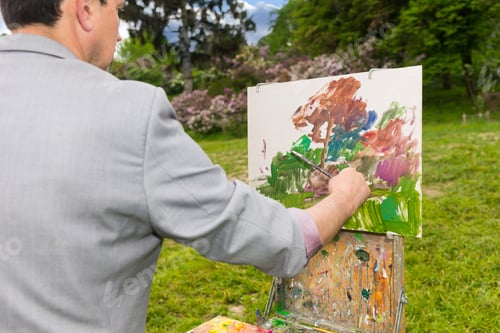 Preview: Male Artist Painting A Standing In Front Of A Sketchbook During Creation A Beautiful Sketch Of