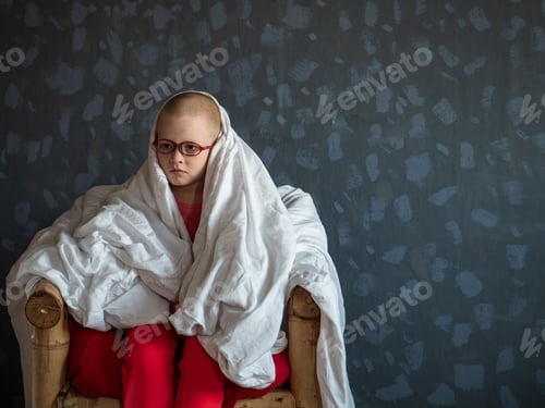 Preview: Caucasian Boy In A Pink T-Shirt Sits In Chair Covered With White Blanket