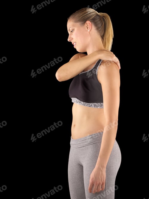 Preview: Acute Pain In A Woman Shoulder. Female Holding Hand To Spot Of Shoulder-Aches.