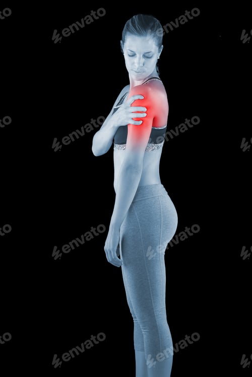 Preview: Acute Pain In A Woman Shoulder. Female Holding Hand To Spot Of Shoulder-Aches.