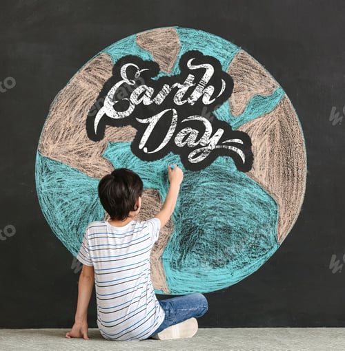 Preview: Little Boy Drawing Planet On Dark Background. Earth Day Celebration