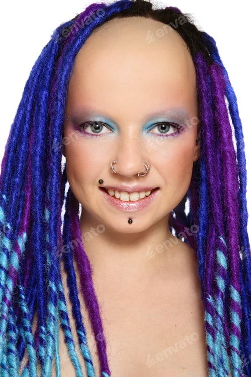 Preview: Portrait Of Stylish Freaky Smiling Girl With Blue Dreads