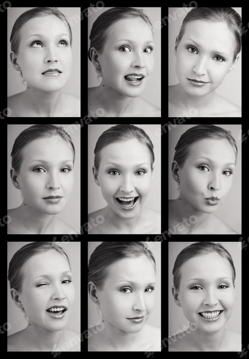 Preview: Duotone Collage Of Nine Emotional Portraits Of Young Attractive Woman With Various Expressions