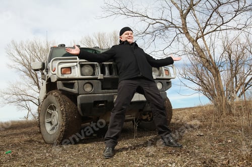 Preview: An Elderly Man Drove Out Of Town In His Car And Enjoyed The Sunny Weather. The Concept Of The Joy