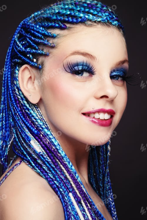Preview: Portrait Of Happy Smiling Girl With Fancy Blue Braids Hairdo And Huge False Eyelashes
