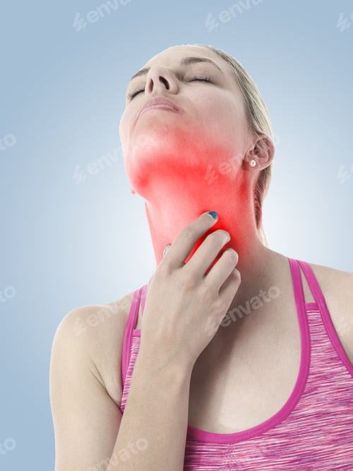 Preview: Acute Pain In A Neck Female Holding Hand To Spot Of Neck Aches.