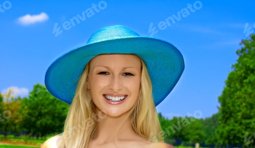 Preview: Closeup Portrait Of Beautiful Blond Young Woman With Hat Over Blue Sky Background.