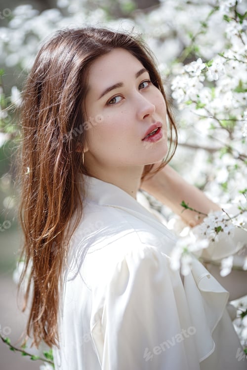 Preview: Young Asian Woman In A Flowering Garden. Romantic Image Of Stylish Casual Woman , Trendy Silk