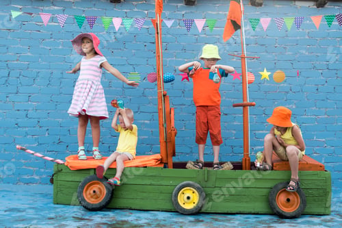 Preview: Three Happy Children Boys And Funny Girl Are Playing On Ship Made From Old Fishing Boat. Brothers
