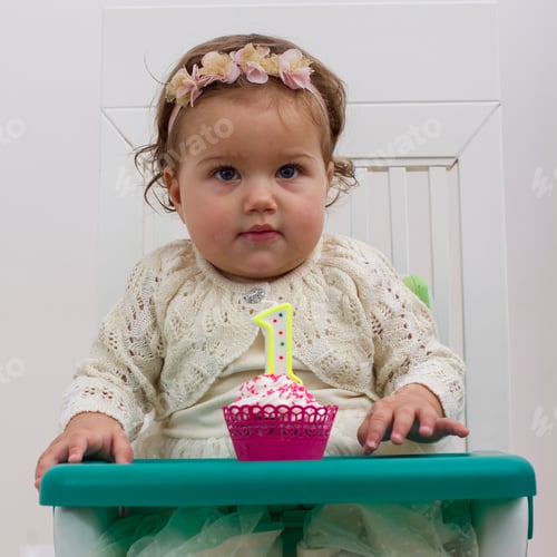 Preview: Celebrating First Birthday , Portrait Of Cute Little Girl With Cake.