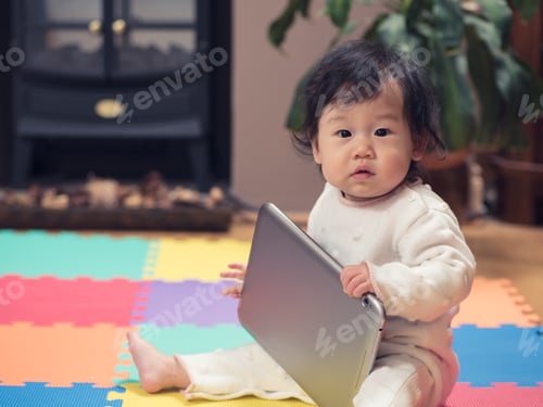 Preview: Adorable Baby Girl Playing Tablet At Home