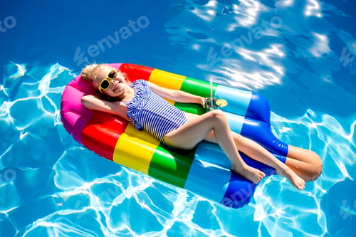 Preview: Cute Little Girl In A Swimsuit And Sunglasses Swims In A Pool Shaped Like A Large Ice Cream, Top