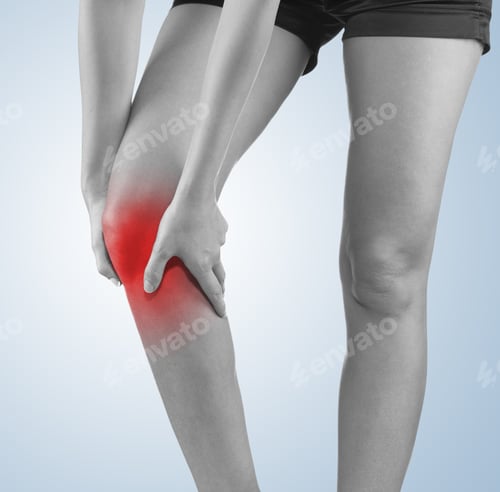 Preview: Woman With Both Palm Around Knee Cap To Show Pain And Injury On Knee Area.