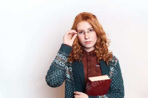 Preview: Studio Shot Of Redhead Student Female With Books On White Background