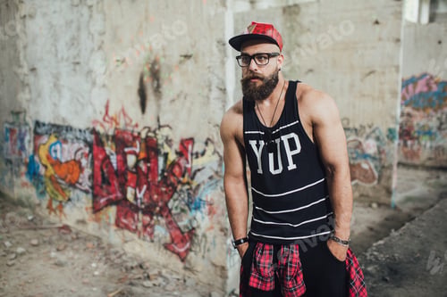 Preview: Young Handsome Fashion Bearded Model Man In Urban Context