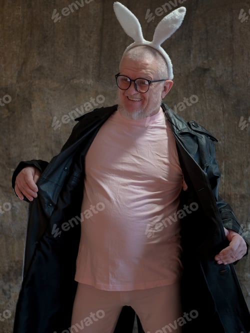 Preview: Elderly Man In Pink Pajamas, Rabbit Ears And Leather Coat Of Exhibition Maniac Is Dancing Against
