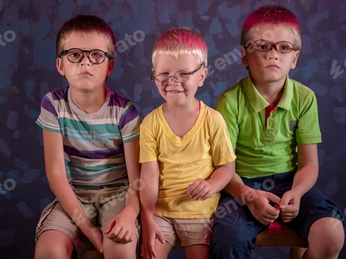 Preview: Funny Children Brothers With Glasses Play Together At Home. Children Go To School For Visually