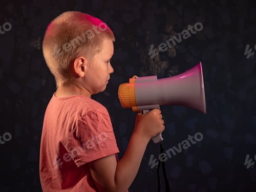 Preview: Child Screaming Into Loudspeaker. Kid Shouting Through Megaphone. Communication Concept. Black