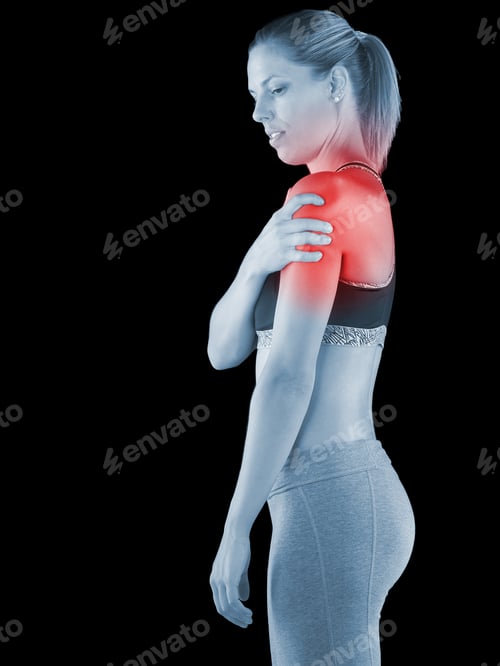 Preview: Acute Pain In A Woman Shoulder. Female Holding Hand To Spot Of Shoulder-Aches.