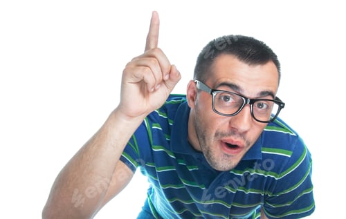 Preview: Surprised Man Pointing With Her Finger Something Up, Guy Showing Space For Your Text, Presentation