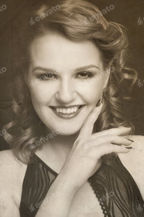 Preview: Duotone Portrait Of Young Beautiful Smiling Woman On Vintage Damaged Grainy Background