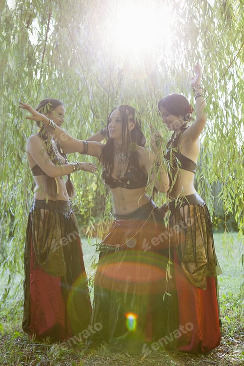 Preview: Beautiful Woman Dancing Tribal Near The Large Willow Tree