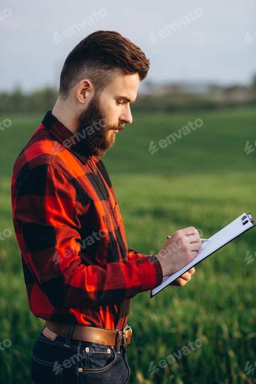 Preview: Young Handsome Bearded Farmer With Folder Standing In Wheat Field In Early Summer