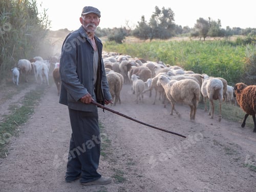 Preview: Rural Shepherd Drives Sheep, Goats And Rams To Pasture. Sunrise. Backlighting In Dust And Fog