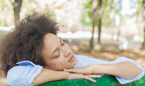 Preview: Closeup Portrait Of Beautiful Sensual Black Woman Daydreaming In Nature, Female Enjoy Summer Day In