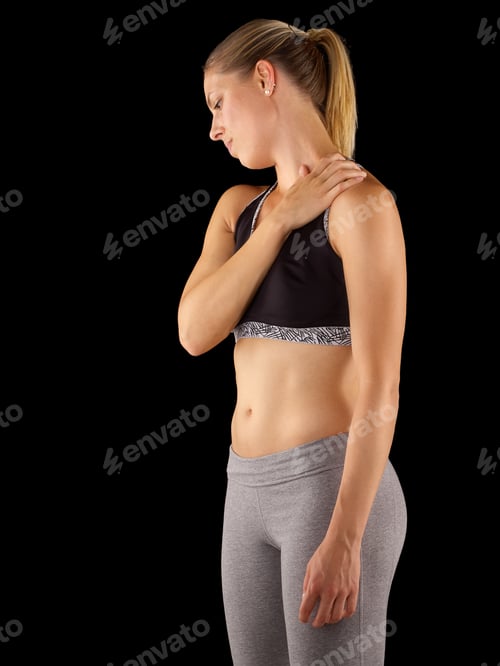 Preview: Acute Pain In A Woman Shoulder. Female Holding Hand To Spot Of Shoulder-Aches.
