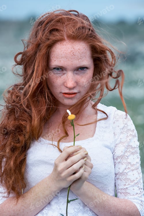 Preview: Beautiful Woman Enjoying Daisy Field, Nice Female In The Meadow Of Flowers, Pretty Girl Relaxing
