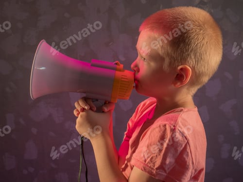 Preview: Child Screaming Into Loudspeaker. Kid Shouting Through Megaphone. Communication Concept. Black