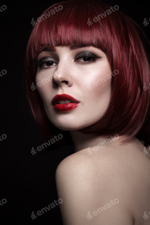 Preview: Portrait Of Young Beautiful Red-Haired Girl With Bob Haircut And Stylish Make-Up
