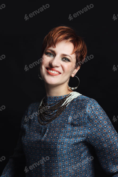 Preview: Vintage Style Portrait Of Young Beautiful Smiling Red-Haired Woman With Fancy Makeup
