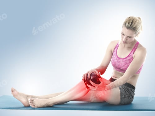 Preview: Acute Pain In A Knee. Woman Holding Hand To Spot Of Knee-Aches.