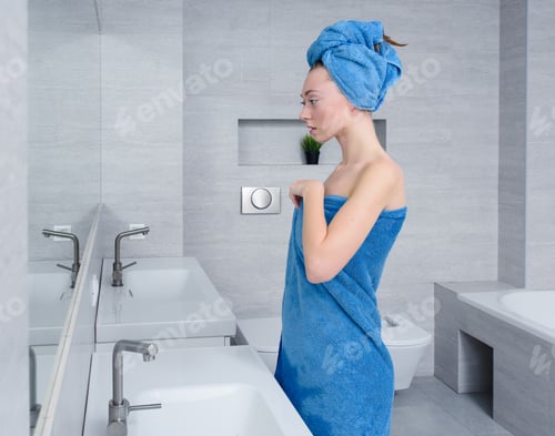 Preview: Young Girl In A Blue Towel In The Bathroom, After Taking A Bath.