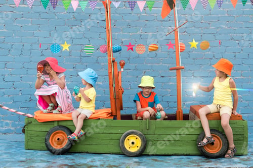 Preview: Three Happy Children Boys And Funny Girl Are Playing On Ship Made From Old Fishing Boat. Brothers
