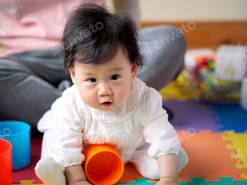 Preview: Asian Baby Girl Playing Stacking Cups