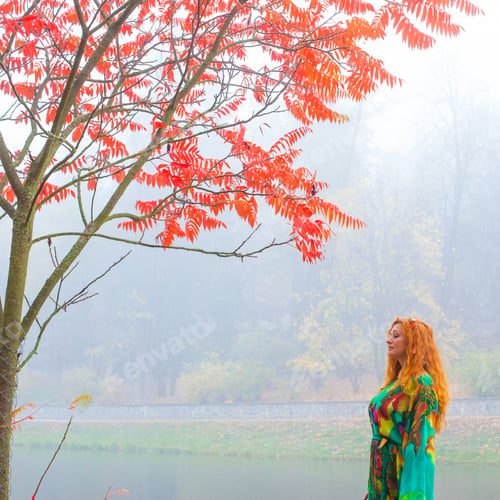 Preview: Beautiful Woman With Red Hair In Autumn Park , Near The Lake