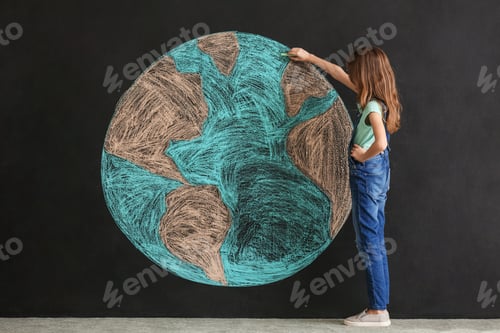 Preview: Little Girl Drawing Planet On Dark Background. Earth Day Celebration