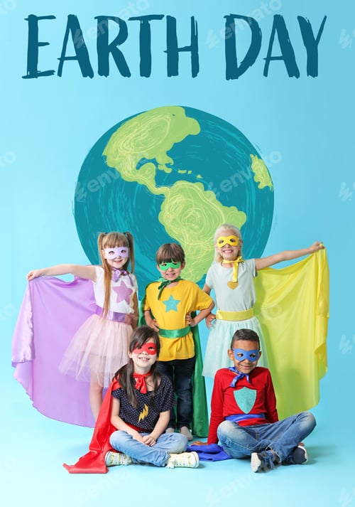 Preview: Cute Little Children Dressed As Superheroes Near Drawing Of Planet On Color Background. Earth Day