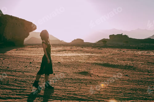 Preview: Beautiful Young Woman In Timna, Desert In Israel. Rocks In Sunset Time. Mystic Concept