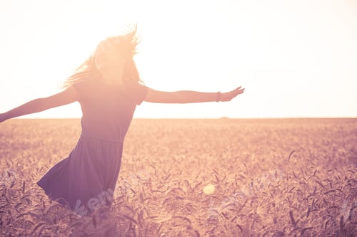 Preview: Young Girl Joys On The Wheat Field At The Sunset Time