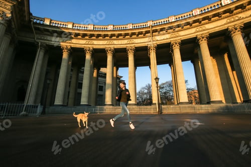 Preview: From Below Adult Female In Casual Clothes Playing With Attentive Shepherd Dog While Looking At Each