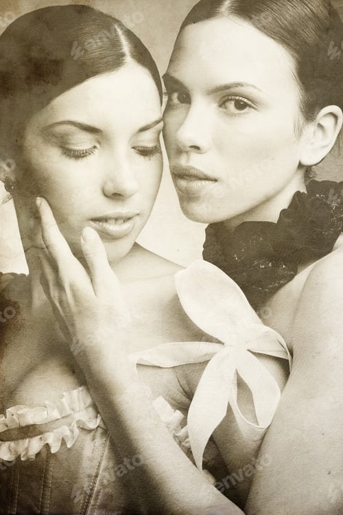 Preview: Duotone Portrait Of Two Beautiful Slim Sexy Young Girls In Corsets On Vintage Damaged Grainy