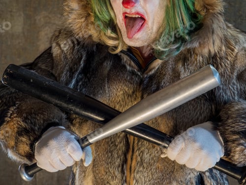 Preview: Crazy Aggressive Clown With Baseball Bat. Man Hates His Work And In His Free Time Dresses Like