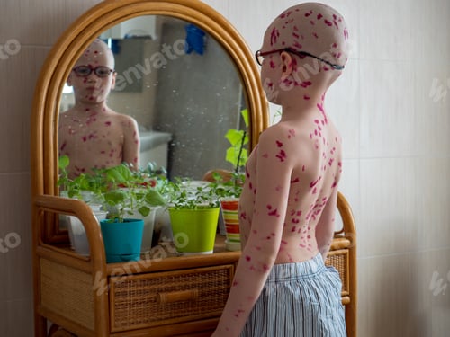 Preview: Upset Blond Child In Pink Glasses Front Of Mirror Has Chickenpox. Mother Smeared Follicles With