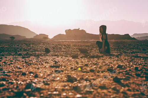 Preview: Beautiful Young Woman In Timna, Desert In Israel. Rocks In Sunset Time. Mystic Concept